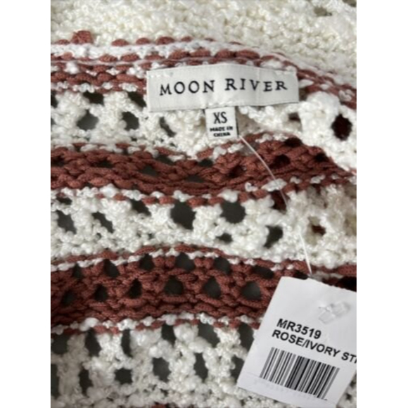 Moon River Striped Pointelle Crochet Open Front Knit Midi Cardigan - Picture 6 of 9